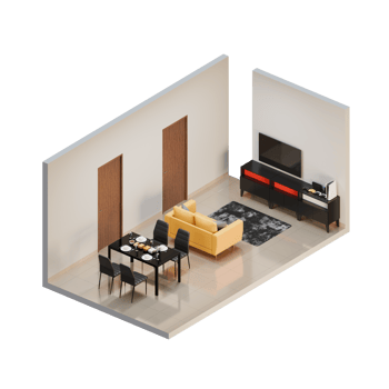Isometric Living Dining Room With Black Furniture And Yellow Sofa png