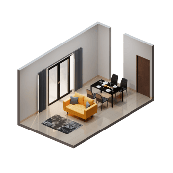 Isometric Living Dining Room With Black Furniture And One Yellow Sofa png