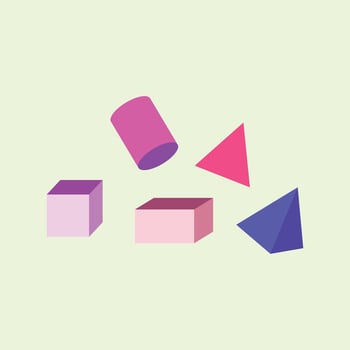 Illustrations of geometric shapes such as cubes, blocks, cylinders, prisms and pyramids with bright colors, suitable for children's learning media, educational design, mathematics vector