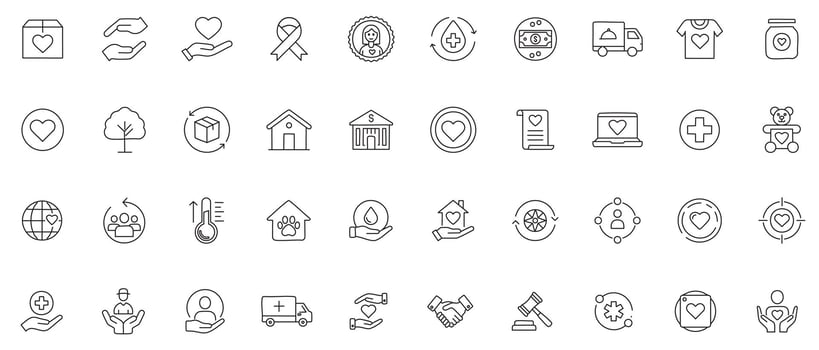 Charity Donation Line Art Icon Set Thin Outline Icons for Giving, Volunteering, and Support vector