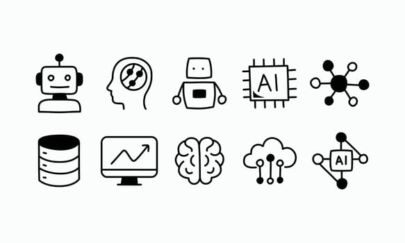 Set of hand drawn icons representing artificial intelligence, machine learning, data science, cloud computing, neural networks, and modern technology in black and white doodle style. vector