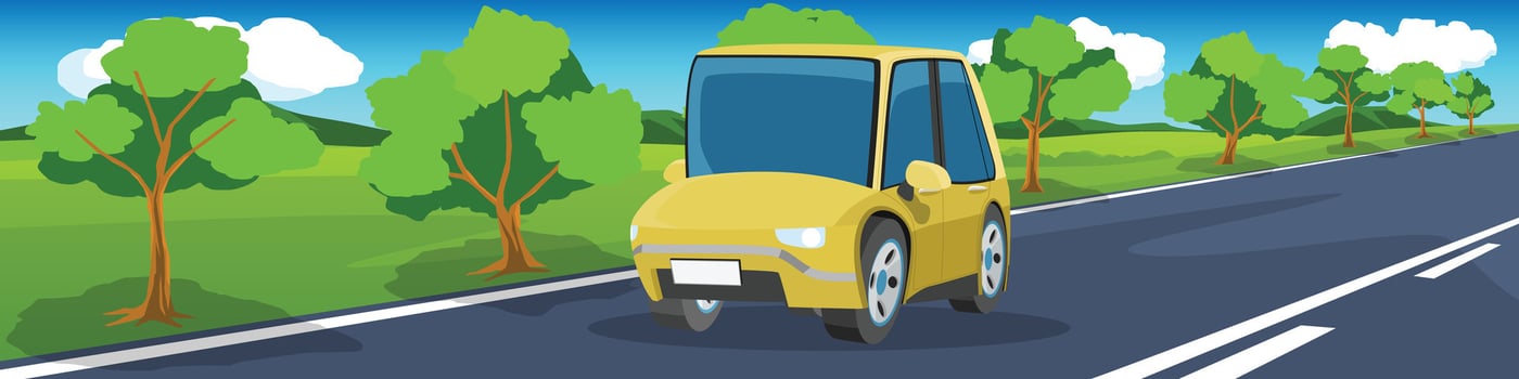 Yellow car on a road with trees vector