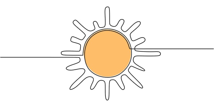 Minimalist sun icon, a one line drawing representing energy and new beginnings, perfect for a summer logo design or app icon. vector
