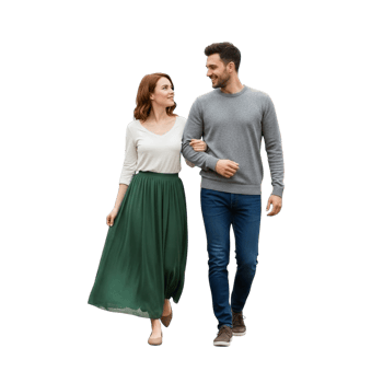 A happy couple walks arm in arm looking at each other with smiles png