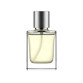 Elegant rectangular glass perfume bottle with silver cap and light yellow liquid png
