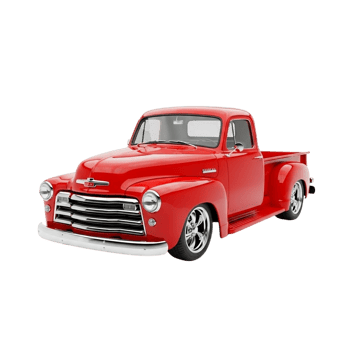 Classic red chevrolet pickup truck with chrome accents on transparent background png