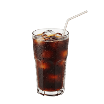 Refreshing cold cola drink with ice cubes and straw in a tall glass png
