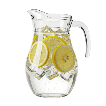 Refreshing glass pitcher filled with ice cubes and sliced lemons png