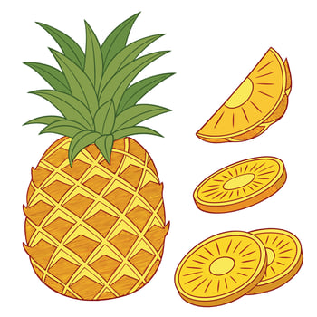 Sweet yellow pineapple with green crown and assorted juicy pineapple slices and wedges artwork illustration vector