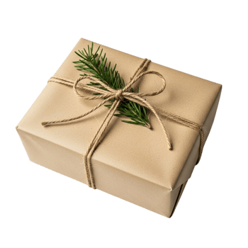 A rustic gift wrapped in brown paper tied with twine and decorated with a green pine sprig png