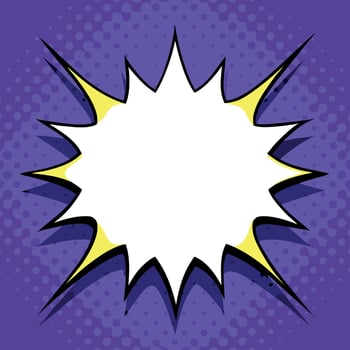 Pop art comic style explosion speech bubble with a blank white space and dynamic burst shape set against a vibrant purple halftone dot pattern background vector