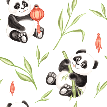 Cute baby pandas with chinese new year lantern and bamboo watercolor seamless pattern for kids design. Hand drawn illustration black and white little bear Adorable animal character for children theme. png