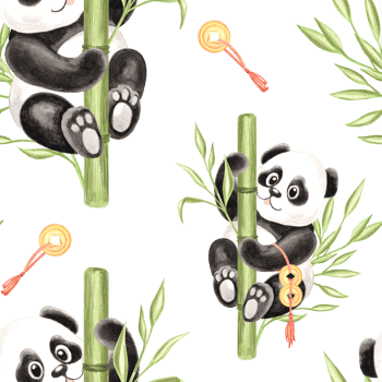 Cute baby pandas with amulet chinese lucky coins and bamboo watercolor seamless pattern for kids design. Hand drawn illustration black and white bear. Whimsical animal character for childrens theme. png