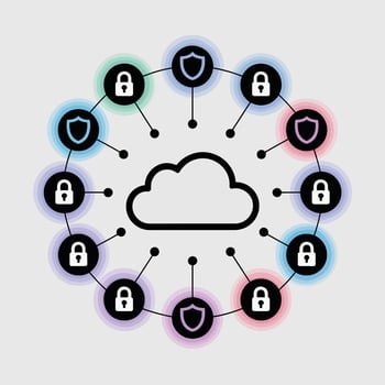 Pastel Cloud Computing Security Network Illustration Featuring Padlocks Shields and a Central Cloud Icon Minimalist Design Connected Circles in Soft Blue Green Purple Pink and vector