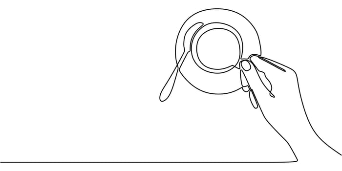 A simple morning routine symbol, this one line drawing of a hand with a coffee cup is great for a blog or a lifestyle brand. vector
