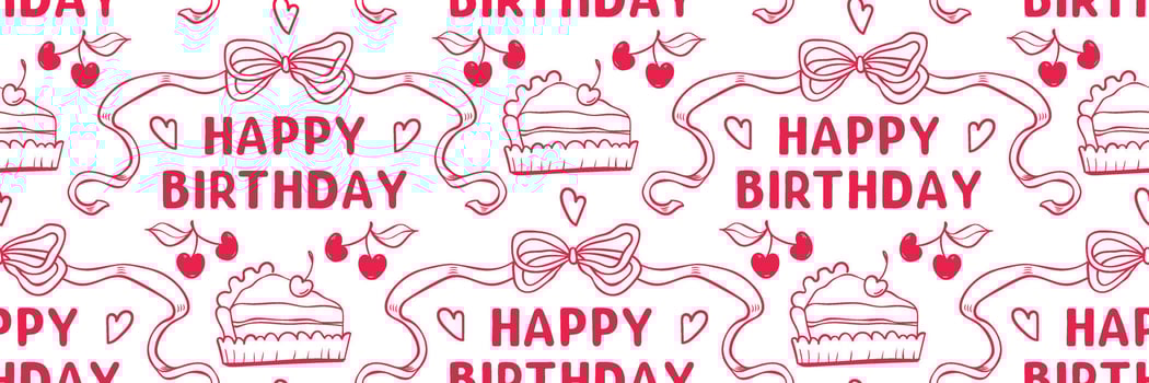 Girly birthday pink doodle pattern with ribbon, bow, cherry and cake slice. Minimal and cute birthday background. Ideal for packaging, wrapping, party. Trendy outline illustration. vector