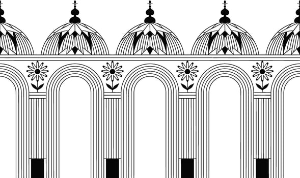 Black and white architectural pattern with domes arches and floral details vector