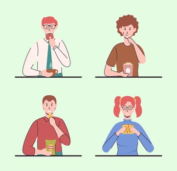 Cartoon Color Characters People Eating Different Snacks Concept. vector