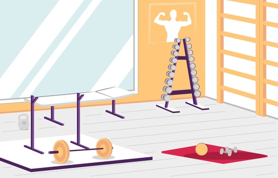 Cartoon Color Gym Interior Inside with Different Types Sports Gear for Bodybuilding Training Concept. vector
