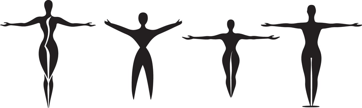 body silhouette, flat illustration style, white background, simple and minimalistic lines forming the outline of human bodies with arms outstretched to form an X shape, vector