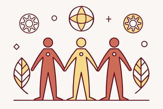 Three Figures Holding Hands with Symbolic Elements Illustration vector