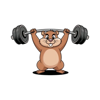 Cute Cartoon Hamster Lifting Heavy Barbell, Funny Weightlifting Animal Character, Strong Fitness Mascot Illustration, Healthy Gym Workout Concept, Isolated on White Background. vector