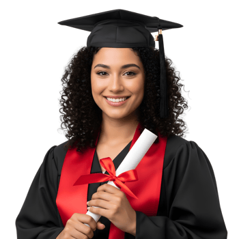 A smiling graduate in cap and gown holding a diploma, isolated on transparent background png