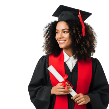 A smiling young woman in graduation gown and cap holds her diploma isolated on transparent background png