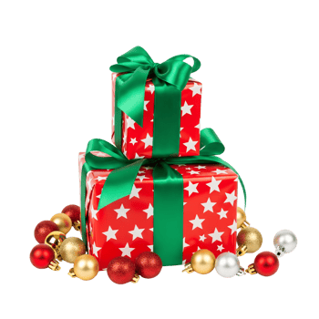 A stack of festive christmas gifts, wrapped in red paper with white stars and green ribbons, is surrounded by colorful ornaments isolated on transparent background png