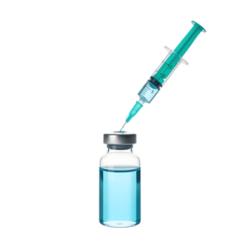 A syringe with a green plunger pierces the top of a vial filled with blue liquid, isolated on transparent background png