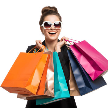 A stylish woman with sunglasses smiles while holding colorful shopping bags isolated on transparent background png