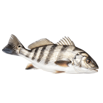 A striped fish swims gracefully against a stark white backdrop, showcasing its silver scales and intricate fin details isolated on transparent background png