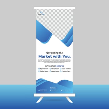 a roll up banner stand with blue and white shapes vector