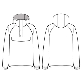 Hooded Raincoat Technical Fashion Illustration Flat Sketch Template, Apparel Clothing Design Blank Mockup with Snap Buttons and Pockets for Wet Weather. vector