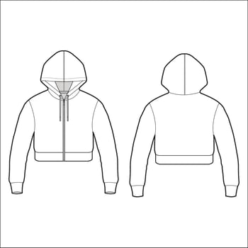 Women's Crop Hooded Knit Sweatshirt- Technical fashion illustration. Front and back, white colour. Women's CAD mock-up. vector