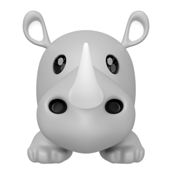 3D cartoon style gray rhino with big eyes, a prominent horn, and small ears, facing forward. Adorable minimalist character, perfect for kids themes or branding. png