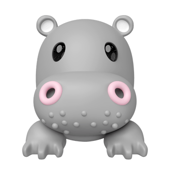 Adorable 3D rendering of a grey cartoon hippopotamus with pink nostrils and glossy black eyes, depicted. Perfect for kids content or cute animal themes. png