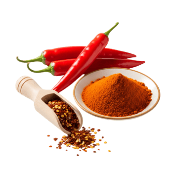 A vibrant display of red chili peppers, powder, and flakes offers a spicy culinary experience, isolated on a transparent background png