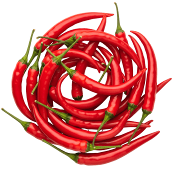 A vibrant pile of fresh red chili peppers with green stems is isolated on transparent background png