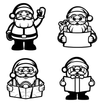 Whimsical Santa Claus Cartoon Character Set Featuring Various Holiday Activities and Festive Cheer in Black and White vector