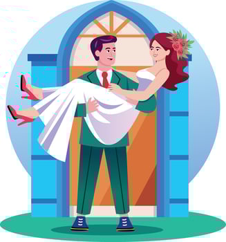 A flat style illustration showing a groom carrying bride vector