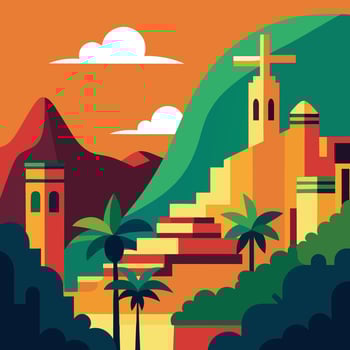 an illustration of a mountain and palm trees vector