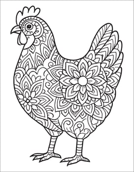 Hen Mandala Coloring Page. Animal Mandala coloring page for adults. vector