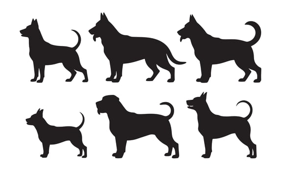 Collection of diverse dog breed silhouettes in black and white vector