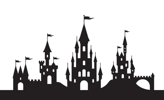 Enchanting silhouette of multiple fairytale castles with flags vector
