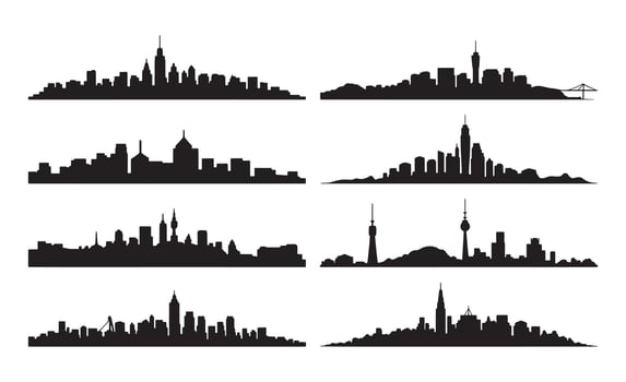 Collection of diverse cityscape silhouettes against a white background vector