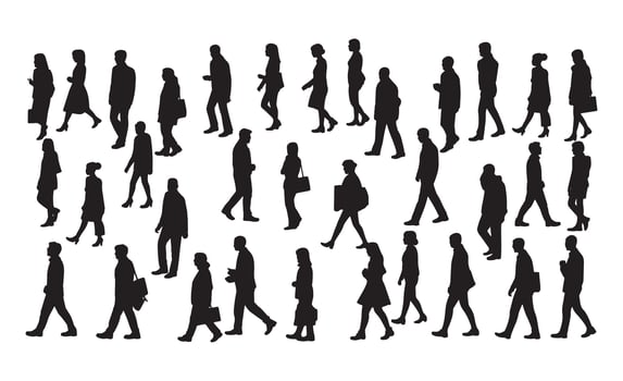 Diverse group of people walking in silhouette against a white background vector