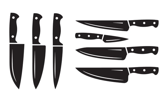 Collection of black silhouette kitchen knives on a white background vector