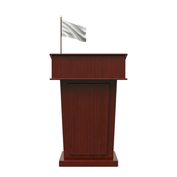 Elegant wooden podium with a white flag for public speaking and presentations png