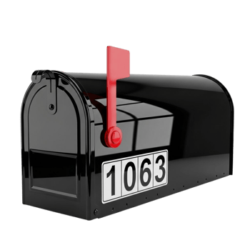 Classic black mailbox with red flag and house number 1063 png